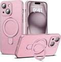 Compatible with iPhone 15 Case with Magnetic Ring Stand [Compatible with Mag-Safe] [Full Camera Lens Protector] Soft Plating Phone Case for iPhone 15 6.1", Rose Gold