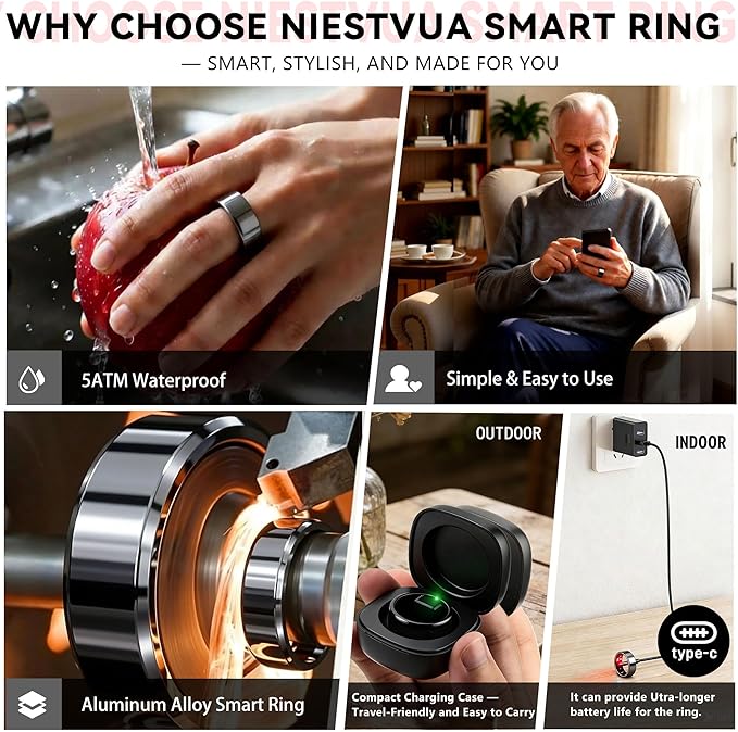 Smart Ring for Women & Men, Health & Fitness Tracker with Heart Rate/Sleep Monitoring/Blood Pressure, 5ATM Waterproof, Activity Trackers with Free App, Valentine's Day Gifts for Women