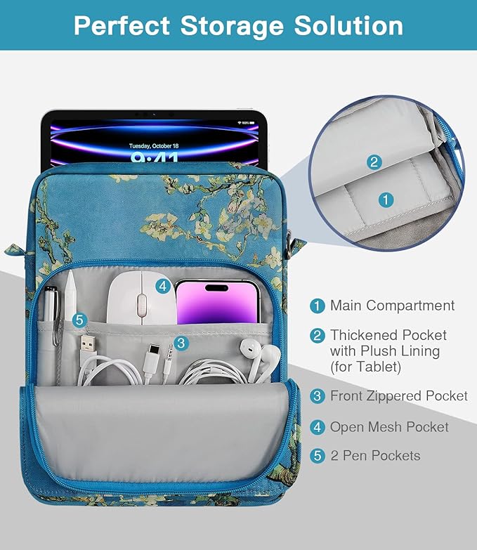 MoKo 13 Inch Tablet Sleeve Bag, Fits with 13 Inch New iPad Pro M5 & Air M4/M3, iPad Pro 12.9 M2&M1,Surface Laptop Go 12.4,Tab S8+/S9+ 12.4,Handle Carrying Case with Shoulder Strap, Apricot Flower