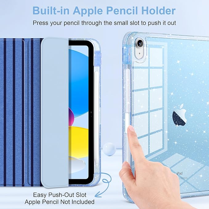DONGKE for iPad Pro 11 inch Case – Fits M5 2025 / M4 2024, Shockproof Sparkling Glitter Acrylic Back, Pencil Holder, Trifold Stand, Auto Sleep/Wake & Touch ID Support - Dark Blue Stripes
