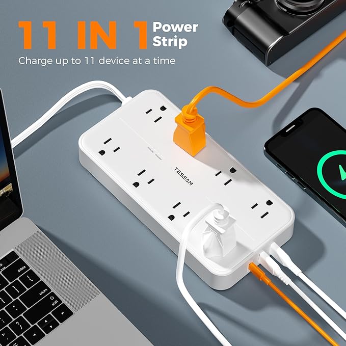 TESSAN Power Strip Surge Protector, 6FT Flat Plug Extension Cord with 8 Outlets 3 USB Charger(1 USB C), 1080 Joules Protection, Wall Mountable Charging Station for Home Office Dorm, White