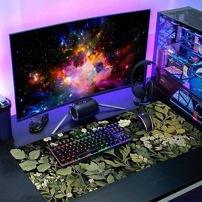 Green Leaves Mouse Pad XXL Botanical Plants Beige Floral Extended Table Mat 90X40 cm Non-Slip Rubber Base Stitched Edge Large Mousepad for Gaming Laptop Computer Desk Top 35.4×15.7 Inch
