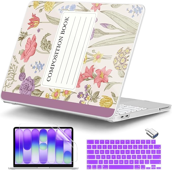 DONGKE for MacBook Neo 13 Inch Case 2026 (Model A3404, A18 Pro chip), Stylish Pattern Protective Hard Shell with Screen Protector, Keyboard Cover & USB-C Adapter - Purple Composition Book