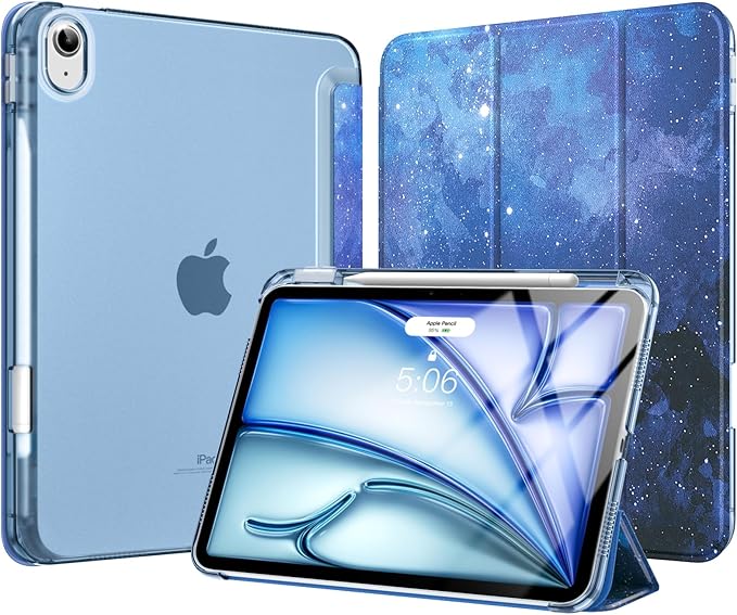 MoKo for iPad Air 11 inch Case (M4/M3/M2) 2026/2025/2024, iPad Air 5th/4th Gen 10.9 inch Case 2022/2020 with Pencil Holder, Slim Trifold Cover with Hard PC Translucent Back Shell, Blue Starry Sky