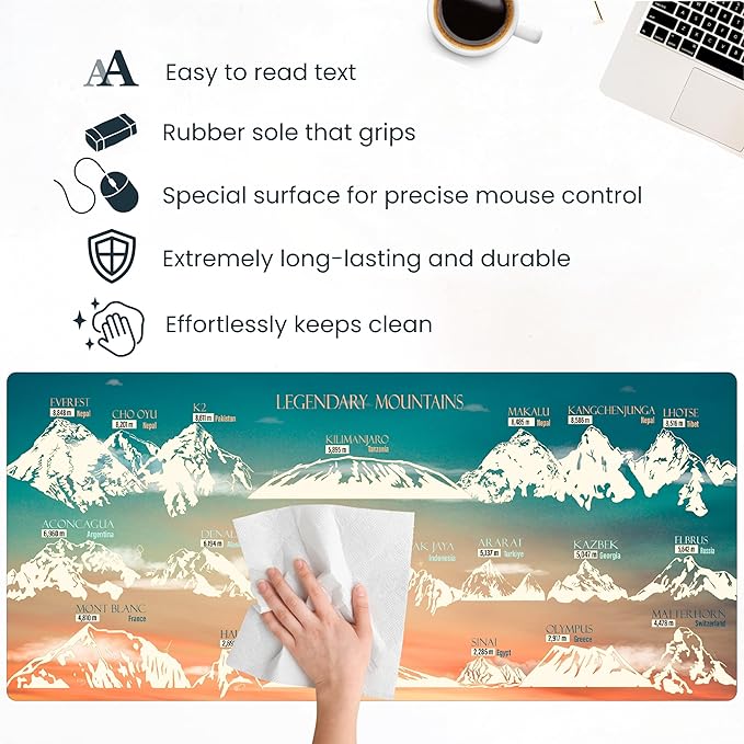 Mountain Desk Mat - XL Mouse Pad with Legendary Mountains Design - Extended Large Desk Mat for Keyboard and Mouse - Non-Slip Nature-Themed Workstation Pad