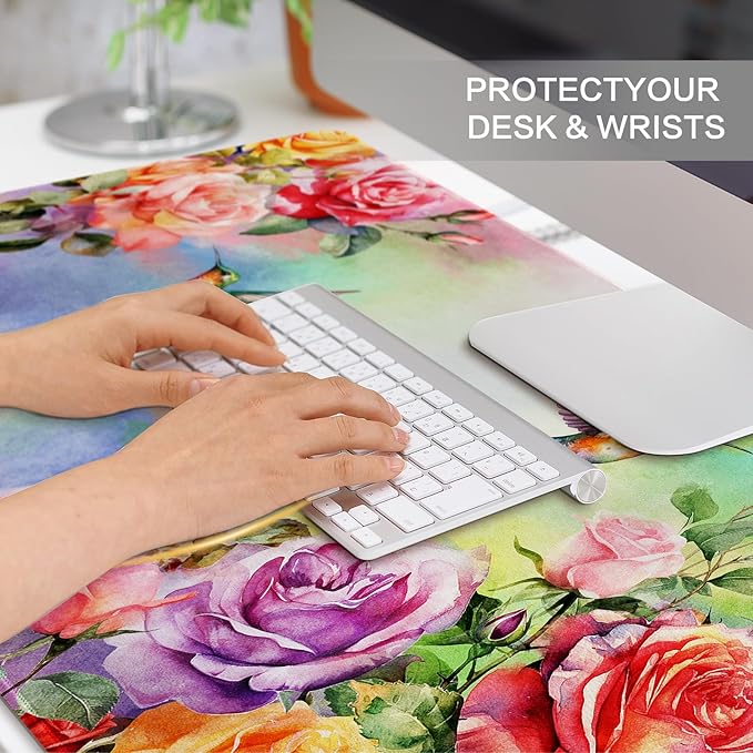 Colorful Large Mouse Pad, Pink Floral Desk Mat for Desktop, Women Girls Waterproof Gaming Mousepad, Computer PC Laptop Protector Writing Pads for School Office Home 31.5" x 15.7", Floral