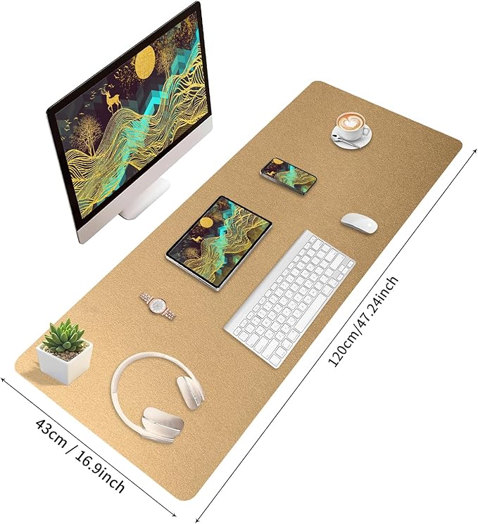 Bloss Gold Leather Desk Mat 47.2" x 16.9", Large Keyboard Pad for Desk, Desk Matt for Desktop, Waterproof Desk Pad Mat, Computer Mat for Office/Home/Decor