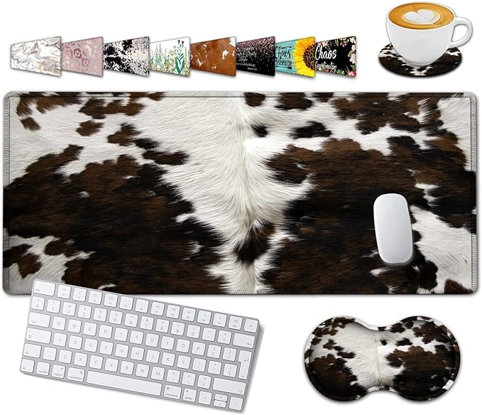 Large Gaming Mouse Pad, 31.5x11.8 in Extended Computer Mouse Mat with Non-Slip PU Base, Ergonomic Memory Foam Keyboard Wrist Rest, for Work & Gaming, Brown and White Cow Hair Office Desk Pad