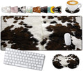 Large Gaming Mouse Pad, 31.5x11.8 in Extended Computer Mouse Mat with Non-Slip PU Base, Ergonomic Memory Foam Keyboard Wrist Rest, for Work & Gaming, Brown and White Cow Hair Office Desk Pad