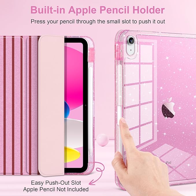 DONGKE for iPad Pro 11 inch Case – Fits M5 2025 / M4 2024, Shockproof Sparkling Glitter Acrylic Back, Pencil Holder, Trifold Stand, Auto Sleep/Wake & Touch ID Support - Pink Stripes