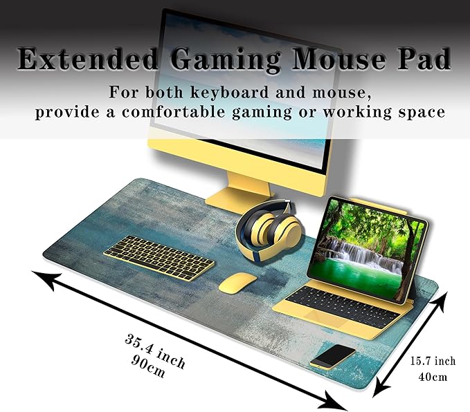 XXL Mouse Pad Turquoise and Gray, Extra Large Mouse Pad Gaming Desk Mats, Oversized Mousepad Non-Slip Rubber Base, 35.4 X 15.7 inch for Work/Game/Office/Home Abstract Painting Contemporary