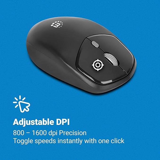 MANHATTAN Wireless Compact Travel Mouse – 2.4 GHz RF, 800/1200/1600 dpi, Six Buttons with Scroll Wheel, USB-A & USB-C 2-in-1 Receiver Dongle – for Laptop, Computer, PC -3 Yr Mfg Warranty–190244