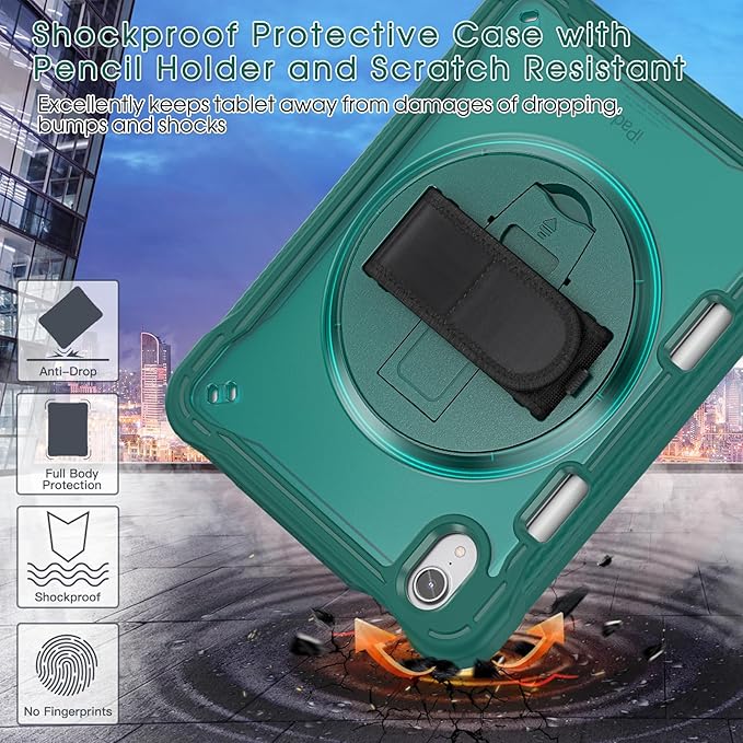 BRAECNstock Case for iPad mini 7 (A17 pro) 2024 & Mini 6 2021 8.3-inch,Shockproof Protective Cover with Pencil Holder,Screen Protector,360° Rotating Hand Strap/Stand-Midnight Green