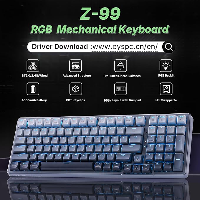 E-YOOSO Z-99 Gaming Keyboard Wireless with Triple Mode BT/2.4G/USB-C, 96% Keyboard, Linear Switches, Wireless Mechanical Keyboard with Number Pad for PC/Mac