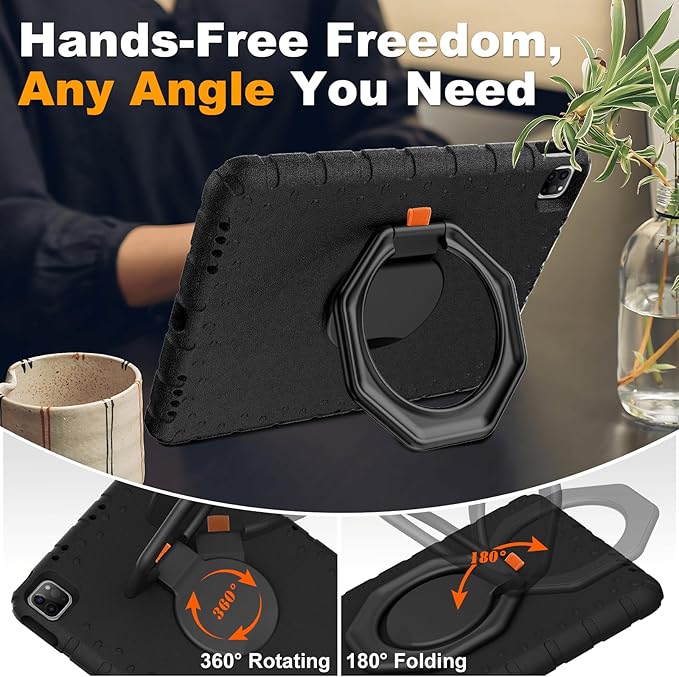 for iPad Pro 12.9 Case 6th/5th/4th/3rd Generation with 360° Rotating Stand & Pencil Holder, Heavy Duty Cute Cover for iPad Pro 12.9 inch 2022/2021/2020/2018, Black