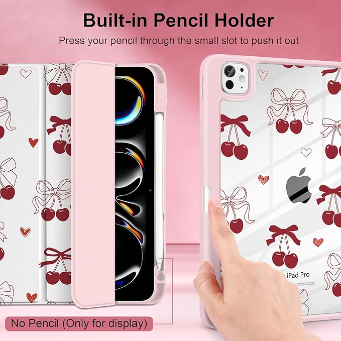 Case for iPad Pro 13 inch (M5) 2025 (M4) 2024 Release with Pencil Holder - Aesthetic Cute Preppy Design Trifold Cover with Soft TPU Bumper Clear Back Auto Sleep/Wake for Girls Women, Cherry