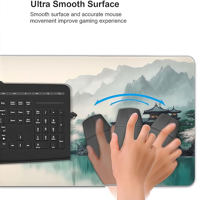 XXL Desk Mat Mouse Pad, Ink Wash Cherry Blossom Design, Washable Rubber Anti-Slip, Stitched Edges, 35.4 x 15.7 Inches, Rectangular, for Computer Work Gaming