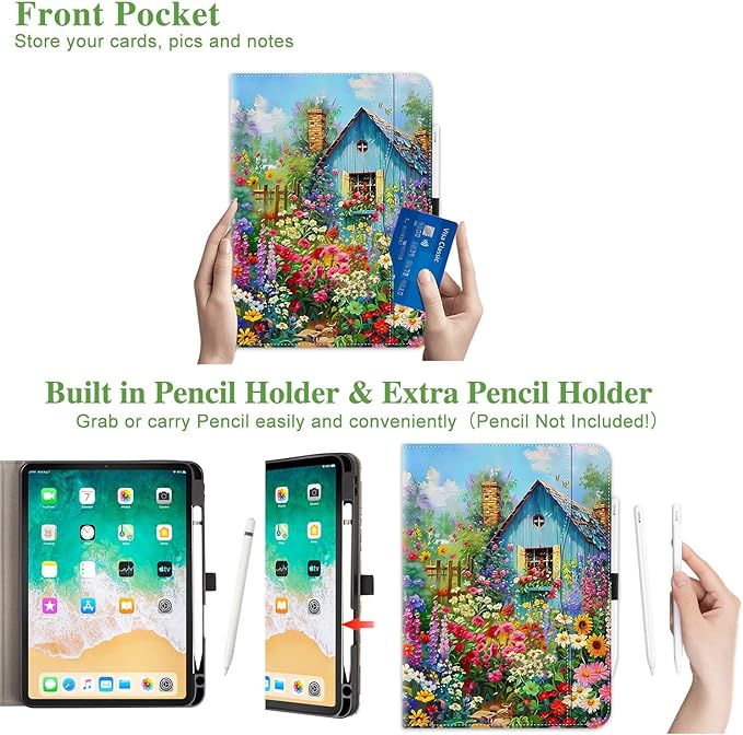 Vimorco for iPad Air 11 Inch Case M4/M3/M2 2026/2025/2024, for iPad Air 5th/4th Gen Cases 10.9-inch,for iPad Pro 11 Inch Case 4th/3rd/2nd/1st Generation Pencil Holder/Hand Strap/Pocket, Flower Cottage