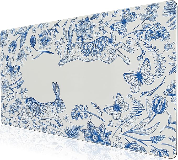 L-SPOUTTO Blue Floral Desk Mat for Keyboard and Mouse,Cute XXL Gaming Mouse Pad,Large 35.4x15.7in Non-Slip Rubber Base Keyboard Pad Waterproof Desktop Mat for Laptop Computer Work Home Office-Rabbits