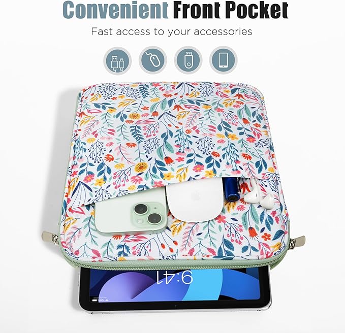 TiMOVO 9-11" Tablet Sleeve Bag for iPad 11-inch A16 2025, iPad 10.9"/10.2"| Air 11 Inch/5th/4th Gen. 10.9", Galaxy Tab A9+/A11Plus 11", Protective Bag with Pocket, Flowers