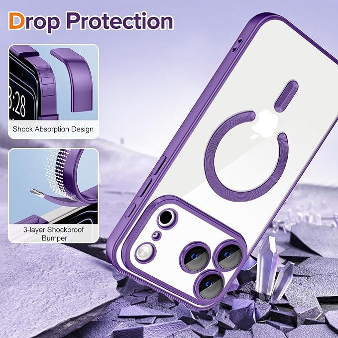 Hython Magnetic Clear for iPhone 17 Pro Case with Camera Lens Protector [Compatible with MagSafe] Luxury Plating Edge Slim Soft TPU Cover Protective Phone Case for iPhone 17 Pro 6.3", Matte Purple