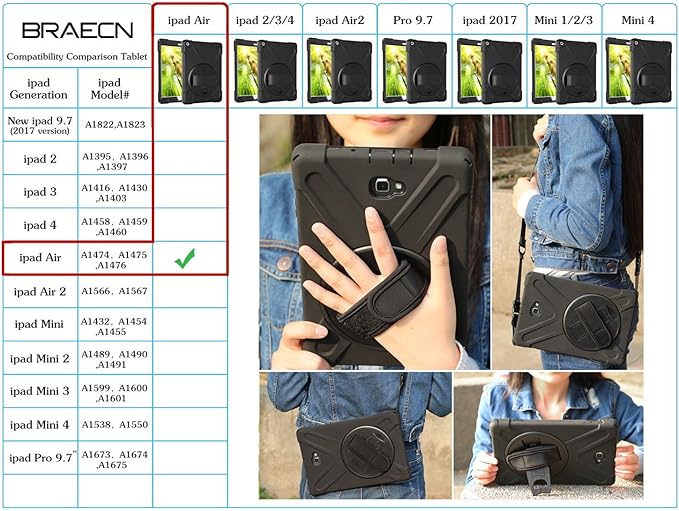 BRAECN for iPad Air 1st Generation Case 2013 .Heavy Duty Protective Case with 360 Rotating Stand/Hand Strap/Shoulder Strap for Apple iPad Air 1-9.7 inch