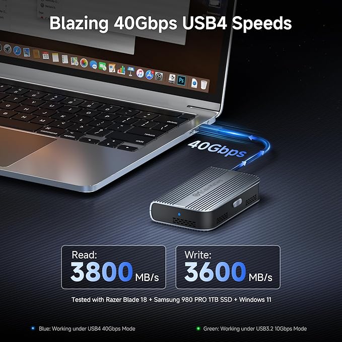 Cable Matters 40Gbps Portable USB4 / Thunderbolt 4 SSD Enclosure for M.2 NVMe SSD - Up to Read:3800MB/s, Write:3600MB/s, NVMe Enclosure, Tool-Free, Intelligent Cooling, Thunderbolt 4/5 Compatible
