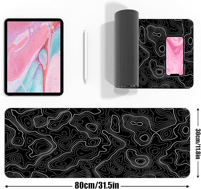 Topographic Gaming Mouse Pad Large Desk Mat,Black Mouse Pad Gaming Desk Pad,31.5 x 11.8 Keyboard Pad Minimalist Mouse Pads for Desk,Extended Mouse Mat Mousepad with Non-Slip Base and Stitched Edge