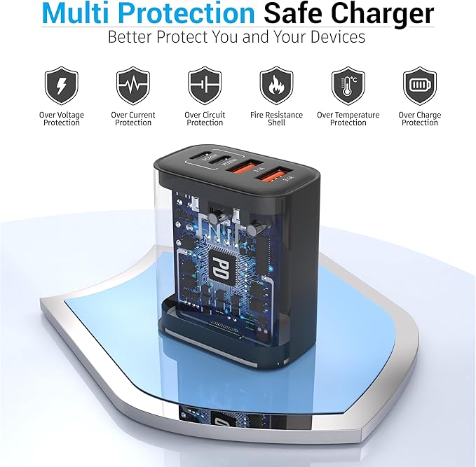 TT&C 40W USB C Charger Block, 4-Port Fast Charging Block (2 USB-C + 2 USB-A), Compact Multi-Device Wall Plug Adapter for iPhone 17,16,15,14, Pro Max, Samsung Galaxy S24/S23 Travel & Home (Black 1Pack)