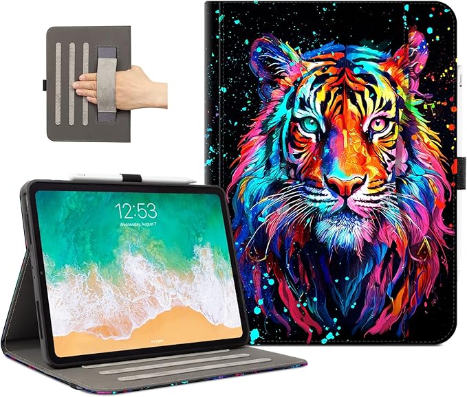 Lokigo for iPad Air 13 Inch Case M4/M3/M2 (2026/2025/2024), iPad Pro 12.9 Inch Case 6th/5th/4th/3rd Gen with Pencil Holder/Hand Strap/Pocket, Support Touch ID, Multi Angles View Stand, Tiger