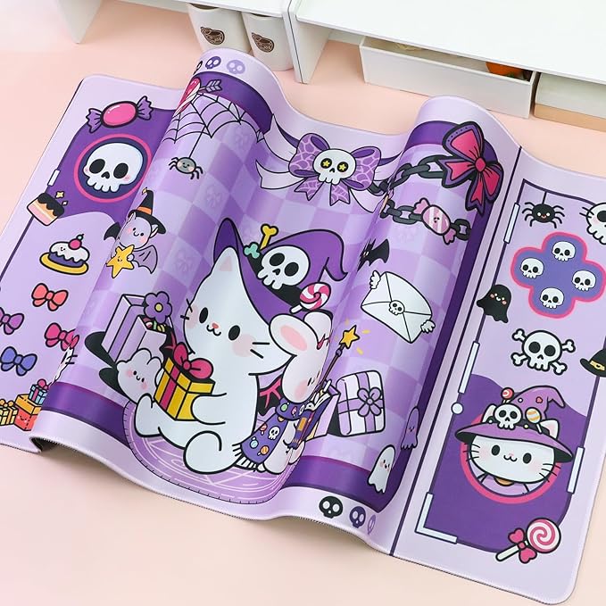 PERFECTSIGHT Cute Cat Desk Pad Kawaii Kitty Desk Mat, Large Gaming Mouse Pad, Funny Halloween Deskmat Mousepad, Anime Laptop Keyboard Pad Office Home Decor for Women Girls, Purple