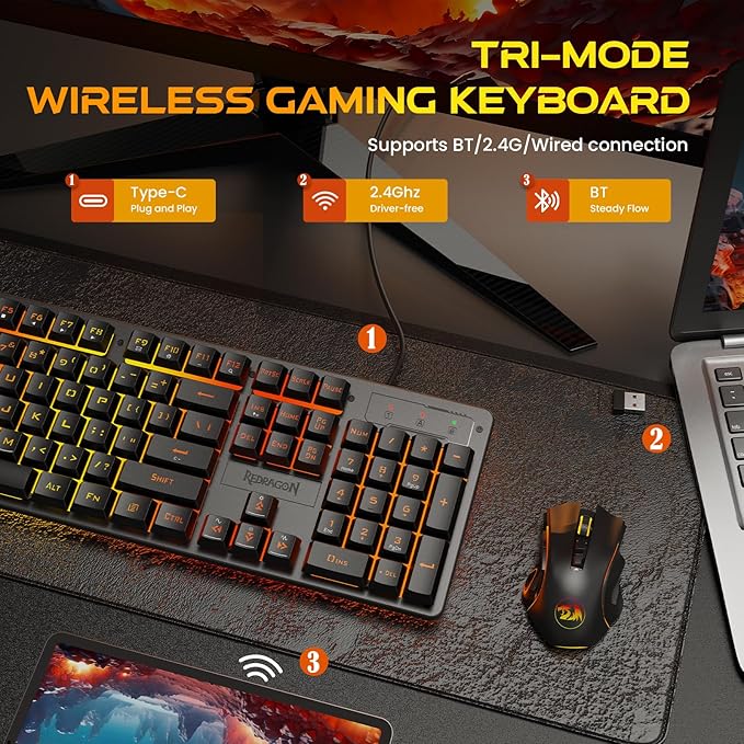 Redragon K521KS Wireless Gaming Keyboard, Tri-Mode BT/2.4G/USB-C RGB Mechanical Feeling Keyboard with Multimedia Keys, 4000mAh Battery, Anti-Ghosting, Compatible with PC - Upgrade