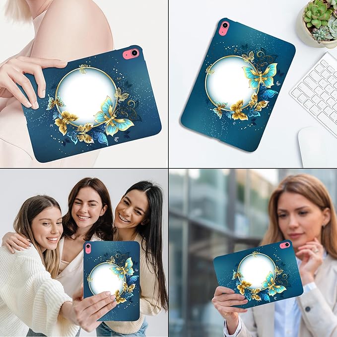 for Apple iPad (A16) 11th Generation Case 11 inch 2025 & iPad 10th Generation Case 10.9 inch 2022, Lightweight Soft TPU Back Shockproof Cover Silicone Bumper Shell, Gold Blue Butterfly