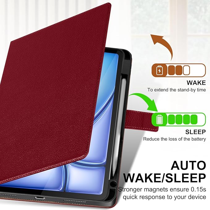 Genuine Leather Case for iPad Air 11" M4 2026/M3 2025/M2 2024, 5th/4th Gen 10.9" | with Pencil Holder and Adjustable Stand, Magnetic Closure, Auto Wake/Sleep Cover | Wine Red