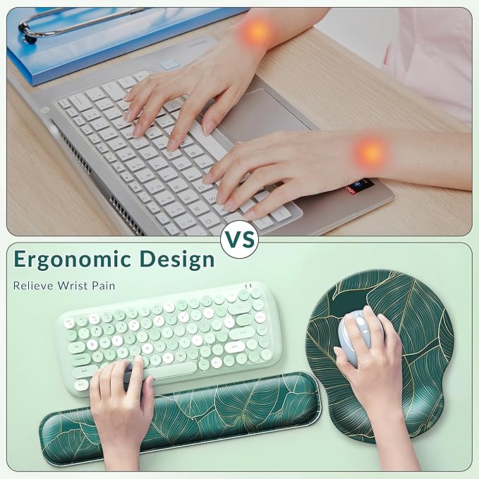 Desk Mat Set + Keyboard and Mouse Pad with Wrist Rest Support,4-in-1 Large Mousepad Computer Mats for Desktop Home & Office-Green Leaves