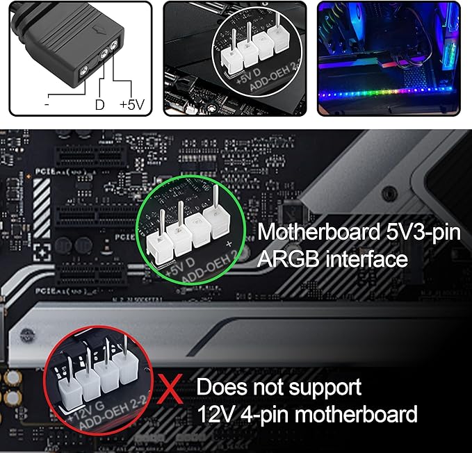 40cm Magnetic ARGB LED Strip for PC Case, Silicone Encased 24 LEDs, 5V 3-Pin Addressable RGB Light Sync with Motherboard