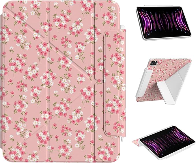 Case for iPad Air 13 Inch M3 (2025)/ M2 (2024) Chip, iPad Pro 12.9” 6th/5th/4th/3rd Generation Case, Origami Trifold Multi-Angle Stand, Magnetic Flap, Full-Protection Cover, Pink Ditsy Floral