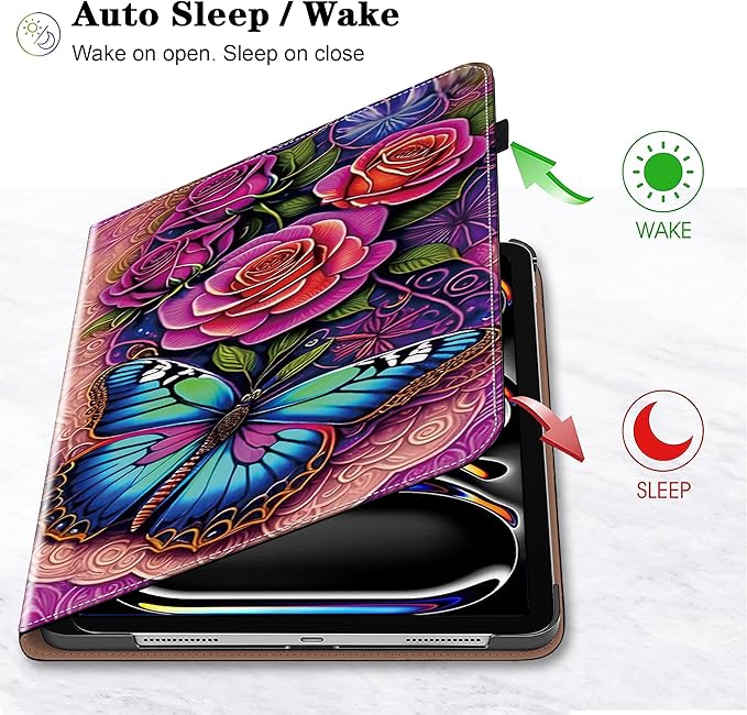 Case for iPad Pro 11 inch Case (M5/M4) 2025/2024, Premium Leather Folio Stand Cover with Auto Wake/Sleep, Pencil Holder and Card Slots - Colorful Butterfly