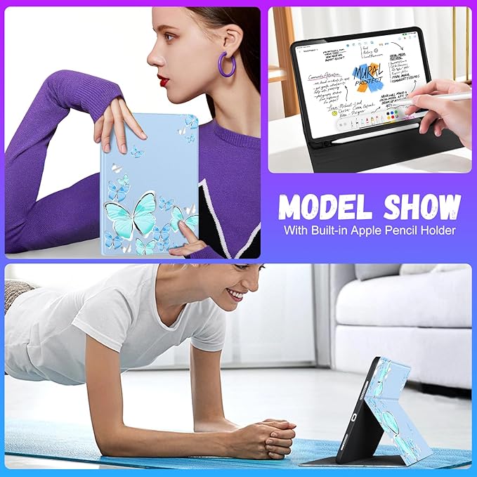 Uppuppy for iPad Air 13 Inch M2/M3, Pro 12.9 Case - Cute Women Girls Girly Aesthetic Butterfly Pencil Holder Folio Cover for Apple 12.9 inch for iPad Pro Case 6th/5th/4th/3rd Generation Air 13