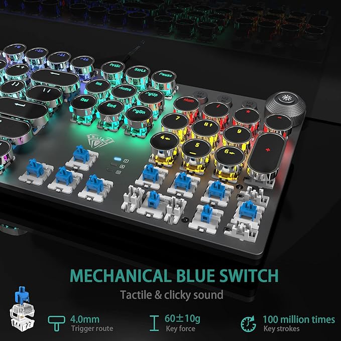AULA F2088 Typewriter Style Mechanical Gaming Keyboard Wired,Blue Switches,Rainbow LED Backlit,Removable Wrist Rest,Media Control Knob,Retro Punk Round Keycaps,USB Wired Computer Keyboard
