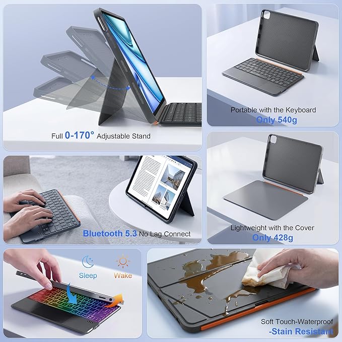 WIWU for iPad Case with Keyboard Air 11 Inch M4 2026 A16 10th Gen Magnetic Detachable Keyboard Case Adjustable Stand Backlit Keys Touchpad (Grey, for iPad 11/10/Air 5/4/11"(M2/M3/M4) Pro 11" 4/3/2/1)