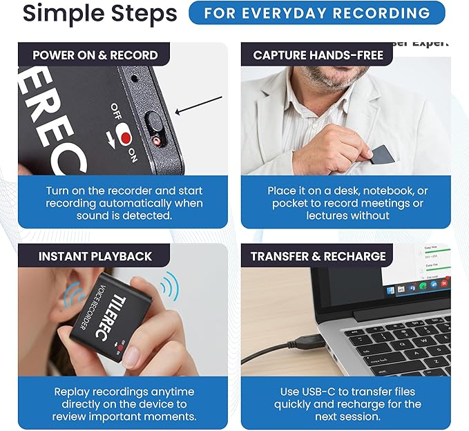 TileRec Voice-Activated Audio Recorder – 64GB Digital Dictaphone with Playback, USB-C, Metal Case – Portable Recorder for Meetings & Lectures