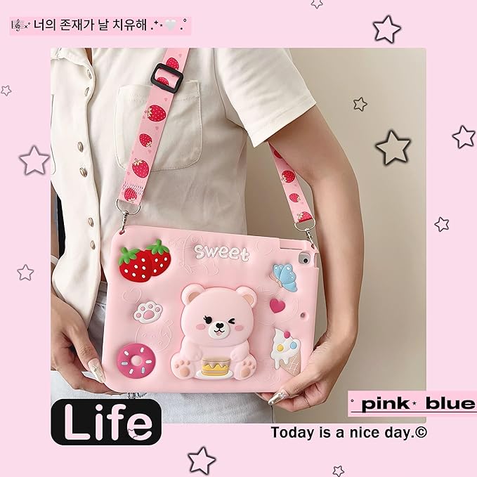 for iPad 9th/8th/7th Generation Case Kids - 10.2 inch Soft Silicone iPad Air 3rd Gen 10.5"(2019) Cover with Pencil Holder,Shoulder Strap & Stand for School,Cute Bear Gift for Teen Girls
