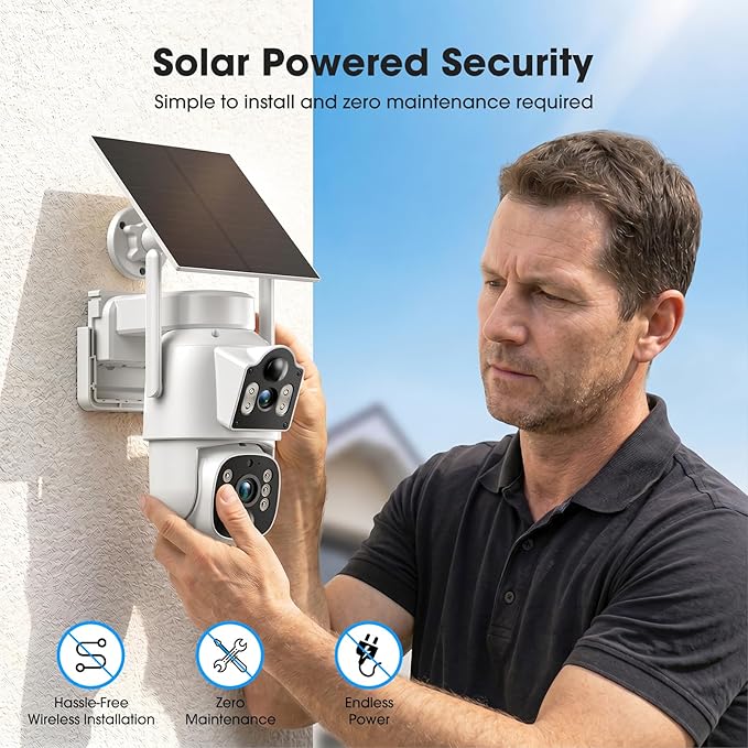 Camcamp Solar Security Cameras Wireless Outdoor, 4 Cameras (8 Screen), Dual Lens Wireless Cameras for Home Security, 10CH NVR, 2.4/5GHz WiFi, 2K Color Night Vision, 2-Way Audio, No Monthly Fee