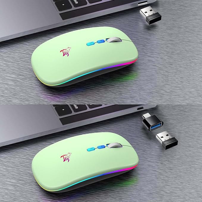 HOTLIFE LED Wireless Mouse, Slim Rechargeable Silent Portable USB Optical 2.4G Wireless Bluetooth Two Mode Computer Mice with USB Receiver and Type C Adapter (Green)