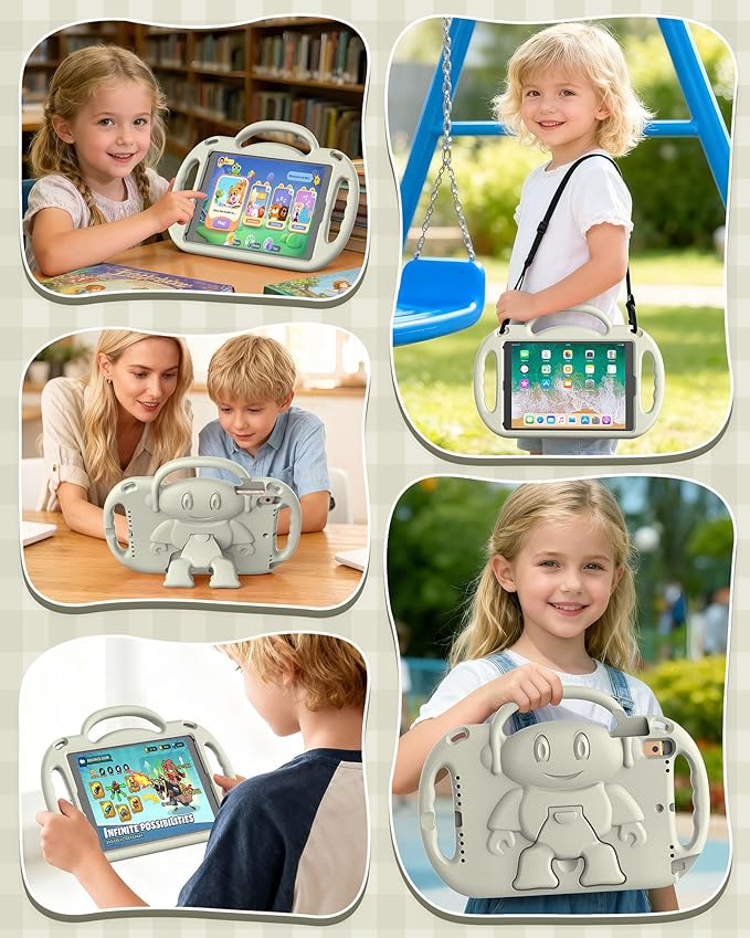 Kids Case for iPad 5th/6th Generation (9.7 inch, 2017/2018) & iPad Air 1/2 9.7" & Pro 9.7, Durable Shockproof Lightweight Kids Cover with Shoulder Strap/Handle/Kickstand, Light Grey