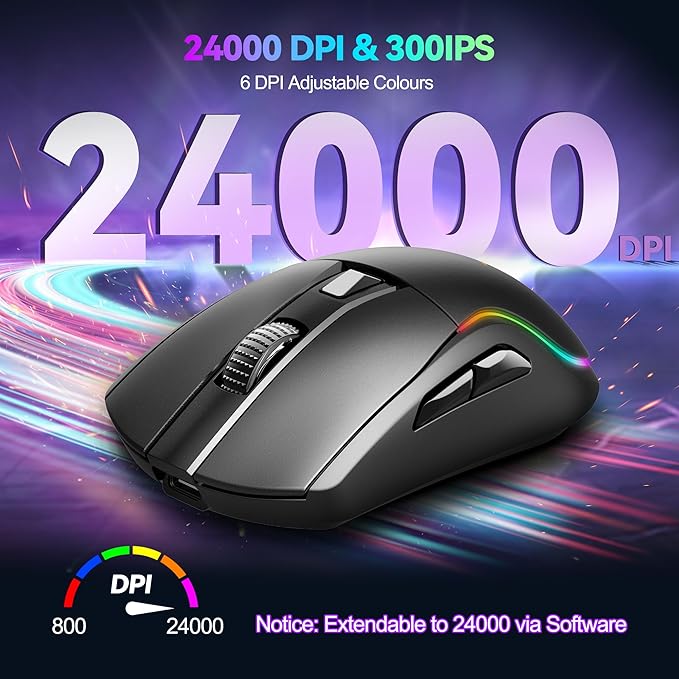 TECKNET Tri-Mode Wireless Gaming Mouse, RGB Backlit Bluetooth 5.0/2.4G/USB-C Rechargeable Ergonomic Mouse with 6 Programmable Buttons, 24000 DPI, 1000Hz Polling Rate, for PC Laptop Mac Gamer