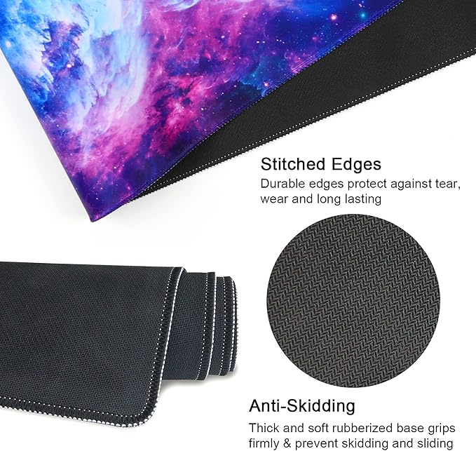 Meffort Inc Extra Large Extended Gaming Desk Mat Non-Slip Rubber Pads Stitched Edges Mouse Pad 35.4 x 15.7 inch - Galaxy Clouds