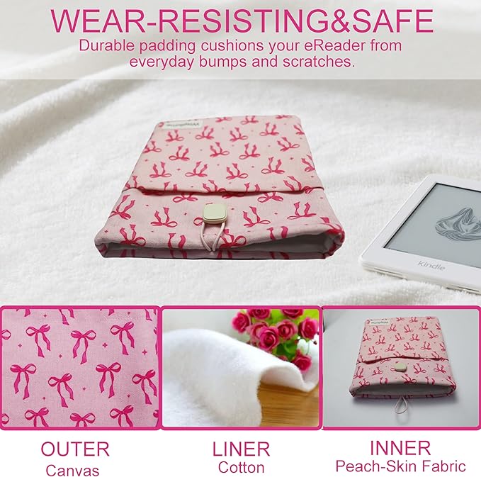 Padded eReader Sleeve Tablet Bag Pouch for eReader Paperwhite, Colorsoft,Signature Edition, Voyage,Scribe/Kobo eReader,Book Protector for Paperbacks and Small Hardcovers Bow(Pink, Medium)