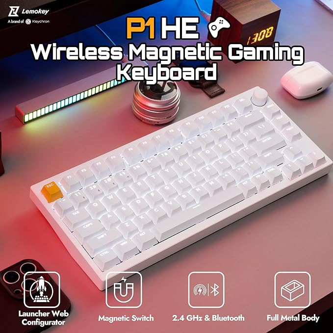 LEMOKEY P1 HE 75% Wireless Custom Mechanical Gaming Keyboard with Gateron Double-Rail Magnetic Switches Knob Version, QMK 2.4 GHz Bluetooth 5.2 RGB Backlight Compatible with Mac Windows Linux - White